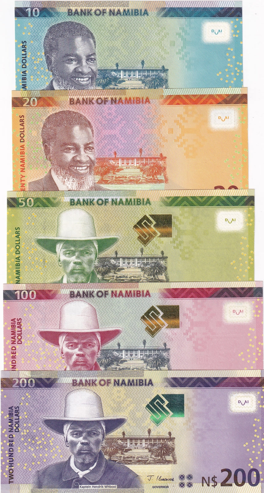Namibia set 5 UNC 10 20 50 100 200 Dollars 2022 - 2025 P 13 14 15 16 17