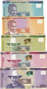 Namibia set 5 UNC 10 20 50 100 200 Dollars 2022 - 2025 P 13 14 15 16 17