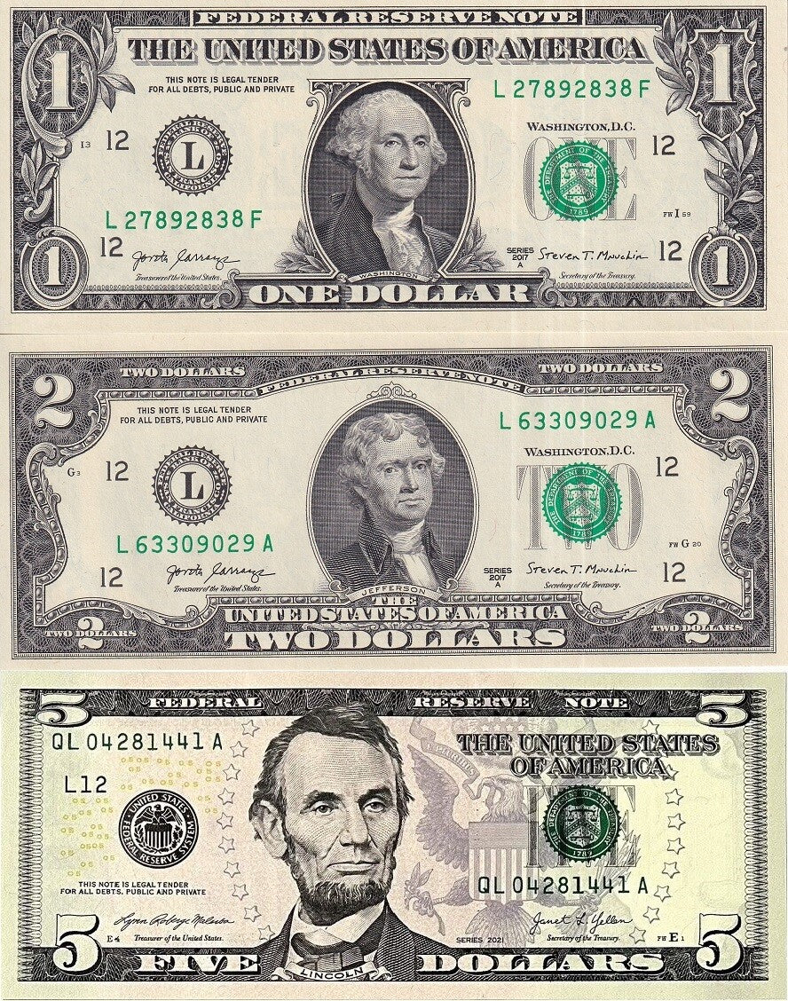 United States Set 3 Pcs 1 2 5 Dollars Random Date & Banks Logo UNC