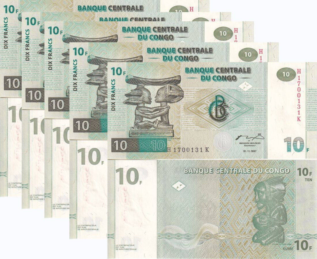 Congo 10 Francs 1997 P 87B UNC LOT 5 PCS