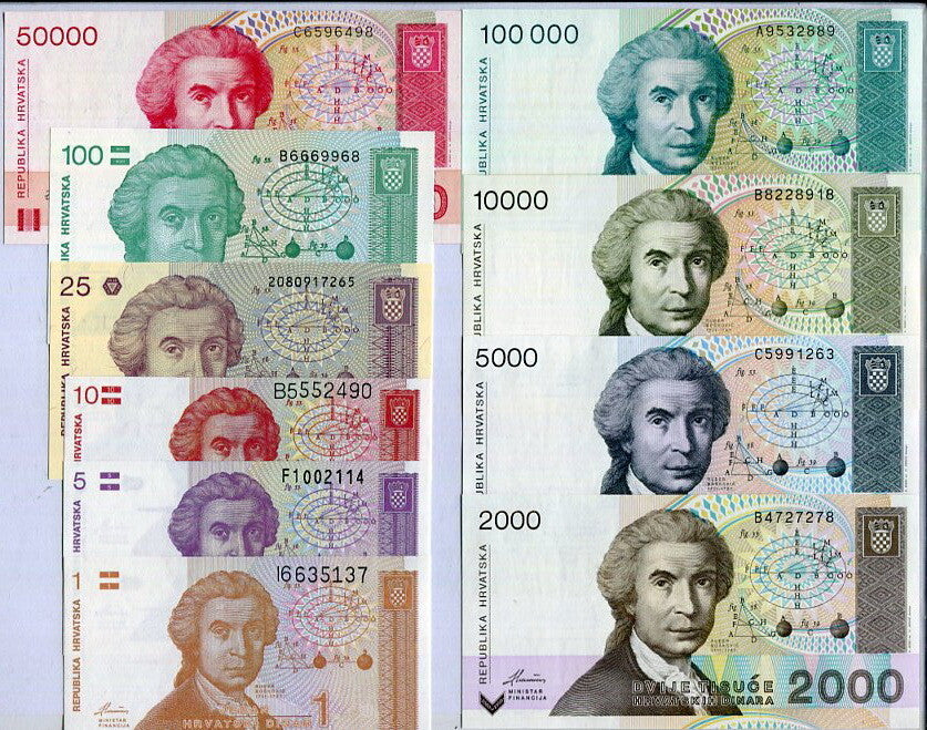 Croatia Set 10 UNC 1 5 10 25 100 1000 2000 5000 100K 1991-93 P 16 - 20 & 23 - 27