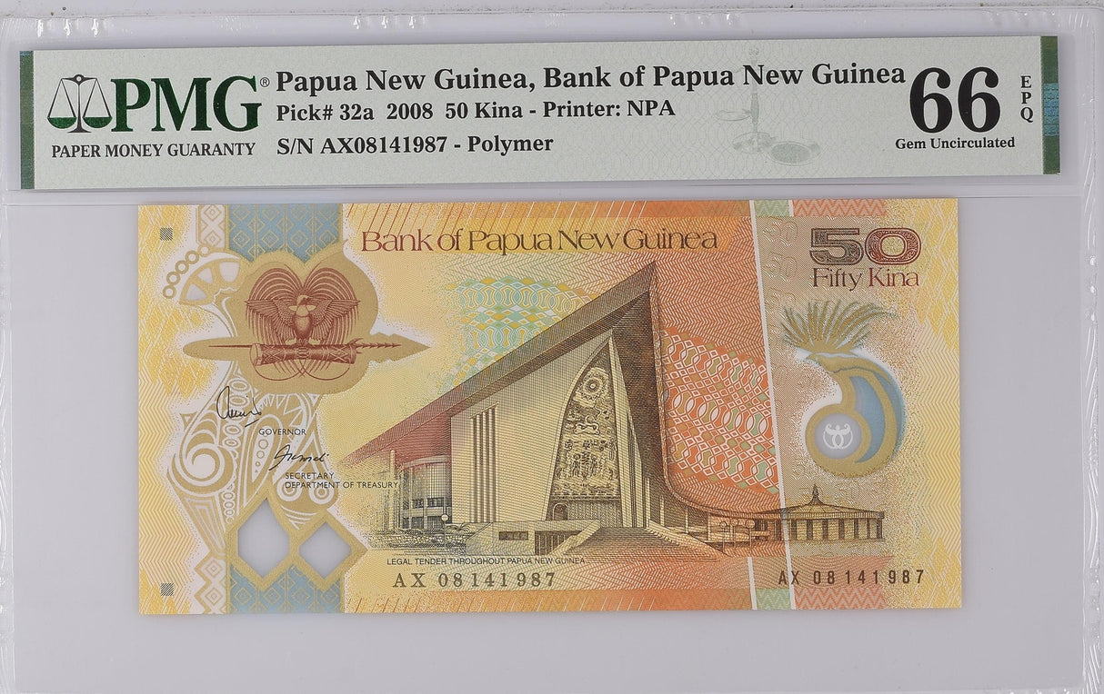 Papua New Guinea 50 Kina 2008 P 32 a Gem UNC PMG 66 EPQ