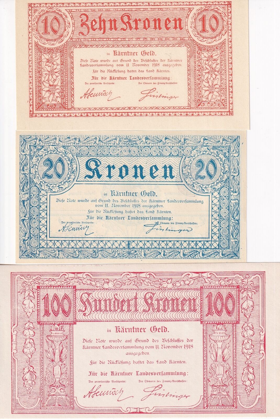 Austria SET 3; 10 20 100 Kronen 1918 Karnten(Carinthia) P S102 S103 S105 UNC