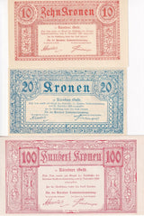 Austria SET 3; 10 20 100 Kronen 1918 Karnten(Carinthia) P S102 S103 S105 UNC