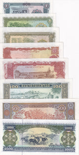 Laos Set 8 Pcs 1 5 10 20 50 100 500 1000 KIP 1979 2020 P 25 26 27 - P 32 UNC