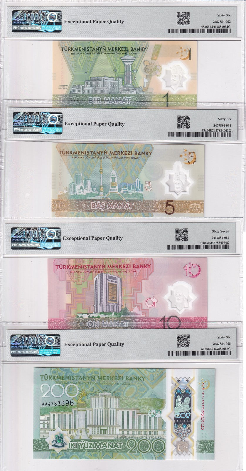 Turkmenistan Set 4; 1 5 10 200 Manat 2025 Comm. Superb Gem UNC PMG 66 67 EPQ