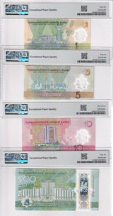 Turkmenistan Set 4; 1 5 10 200 Manat 2025 Comm. Superb Gem UNC PMG 66 67 EPQ