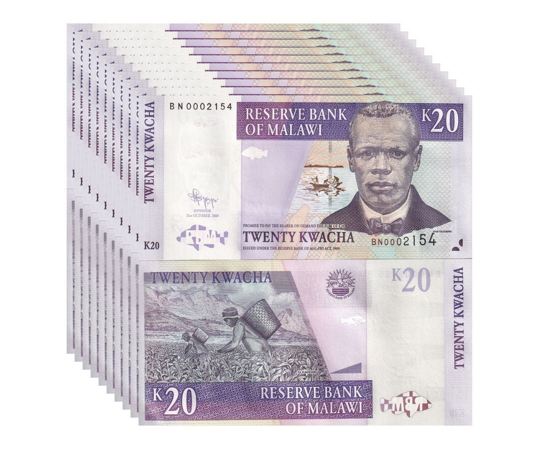 Malawi 20 Kwacha 2009 P 52 d UNC LOT 10 PCS ,Reverend John ChilembweTea harvest