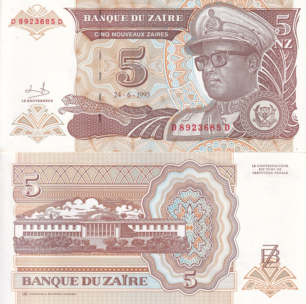 Zaire 5 Zaires 1993 P 53 UNC