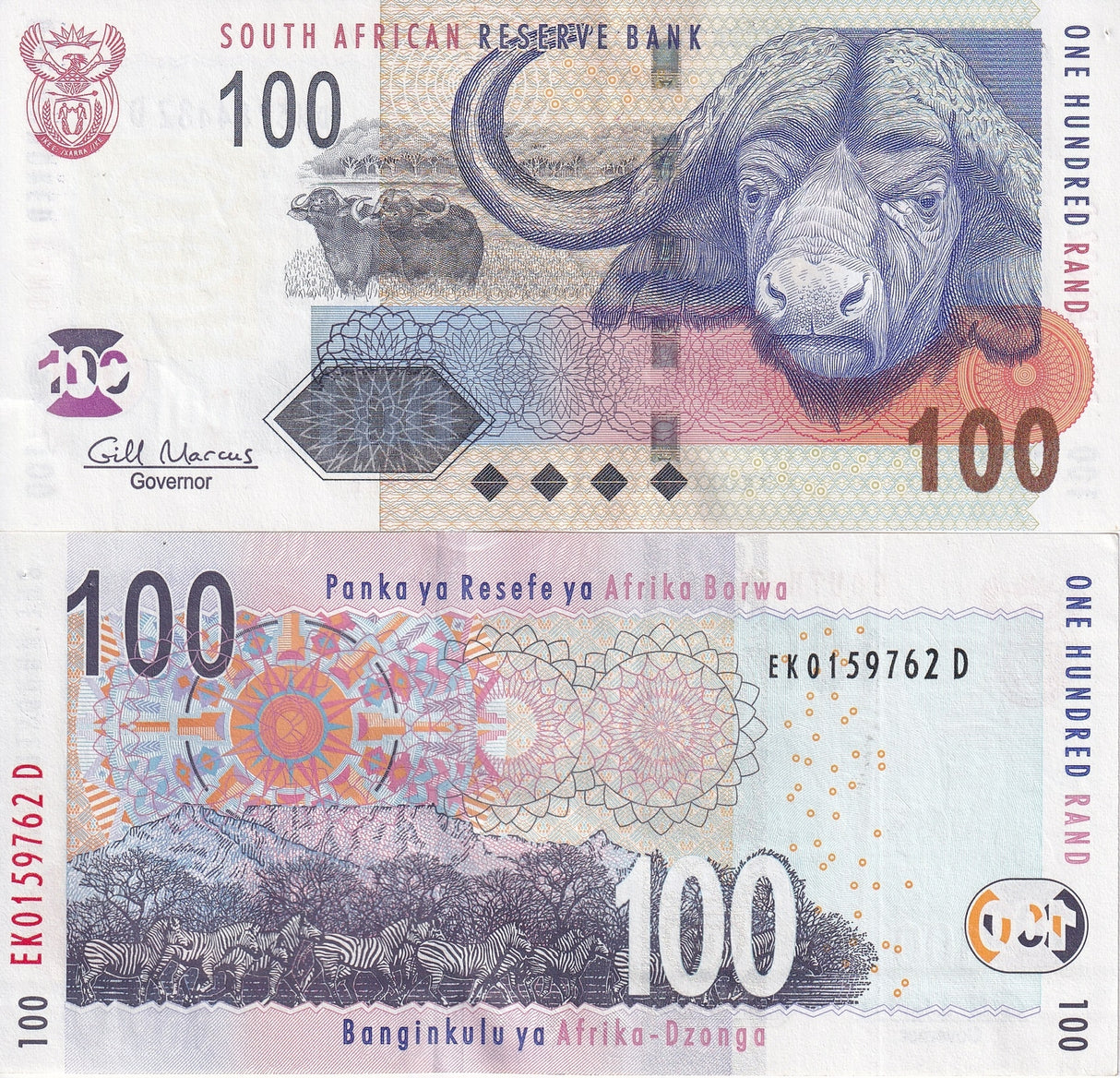 South Africa 100 Rands ND 2009 P 131 b AUnc ,Cape buffalos ,Zebras, AU