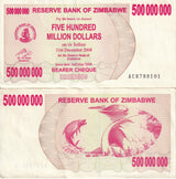 Zimbabwe 500 Million Dollars 2008 P 60 XF+