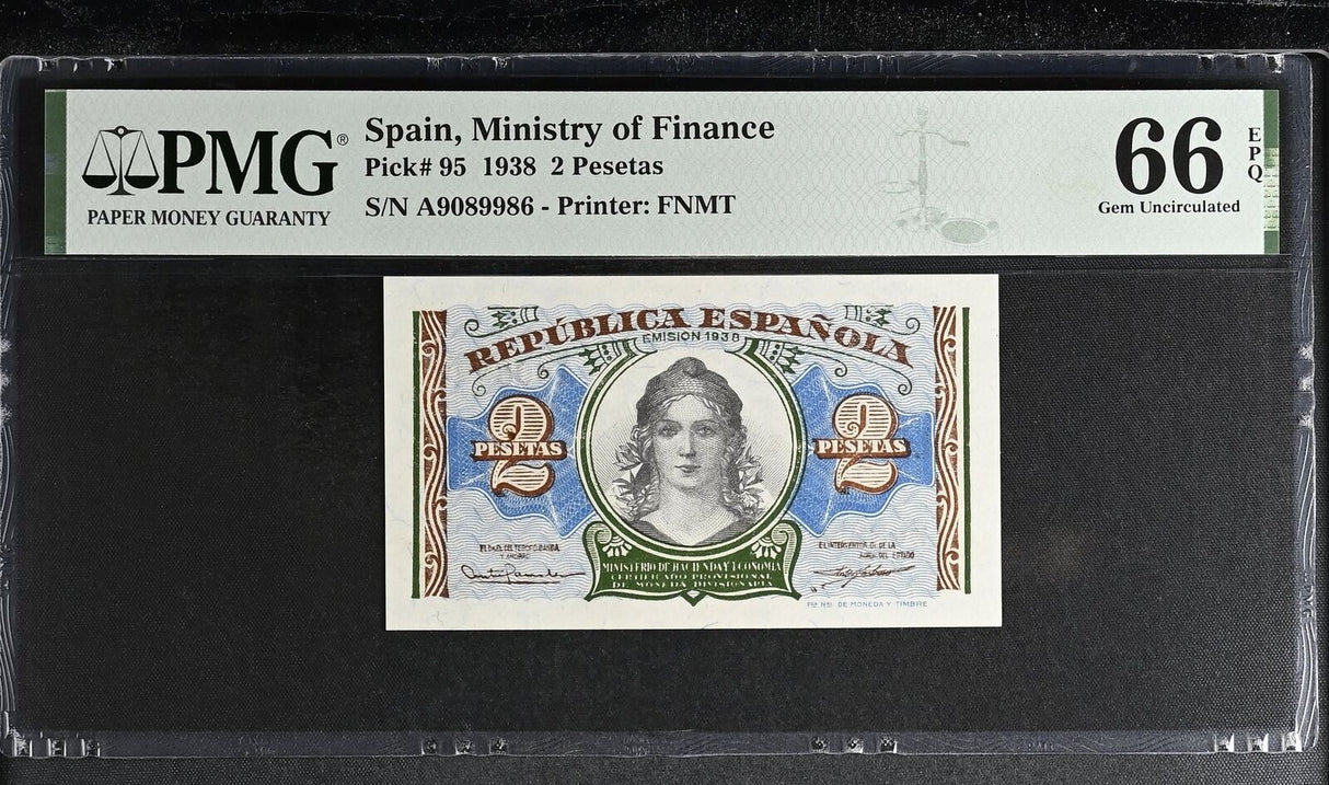 Spain 2 Pesetas 1938 P 95 Gem UNC PMG 66 EPQ