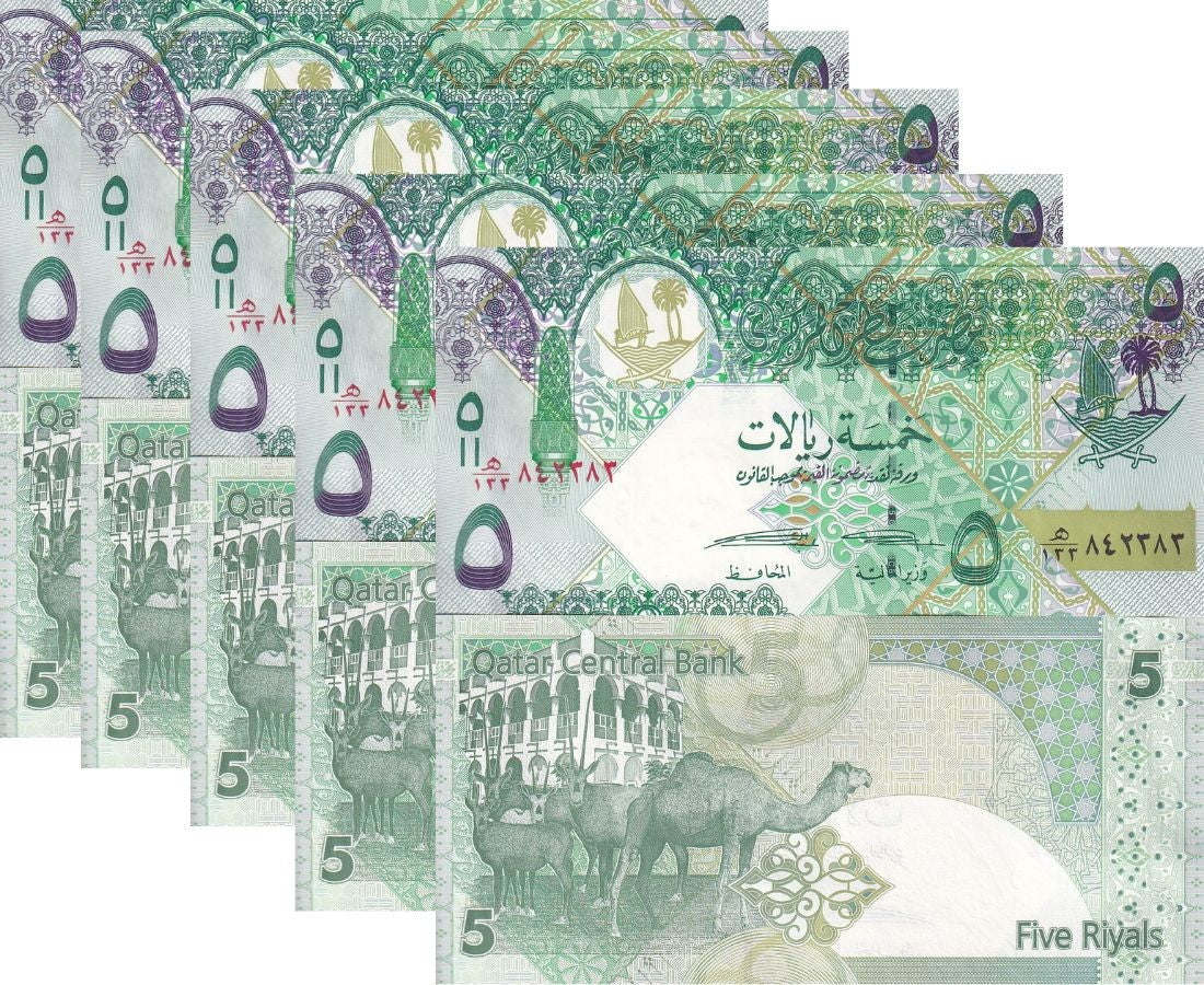 Qatar 5 Riyals ND 2008 P 29 b UNC LOT 5 PCS National museum, antelopes, camel