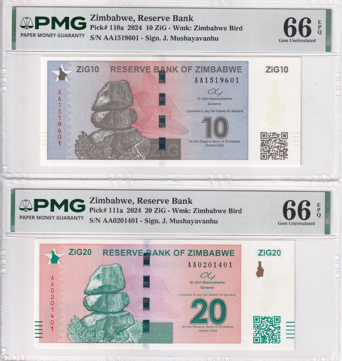 Zimbabwe Set 2; 10 20 ZIG 2024 P 110 P 111 Gem UNC PMG 66 EPQ