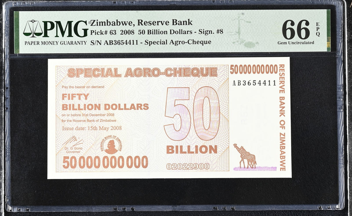 Zimbabwe 50 Billion Dollars 2008 P 63 GEM UNC PMG 66 EPQ