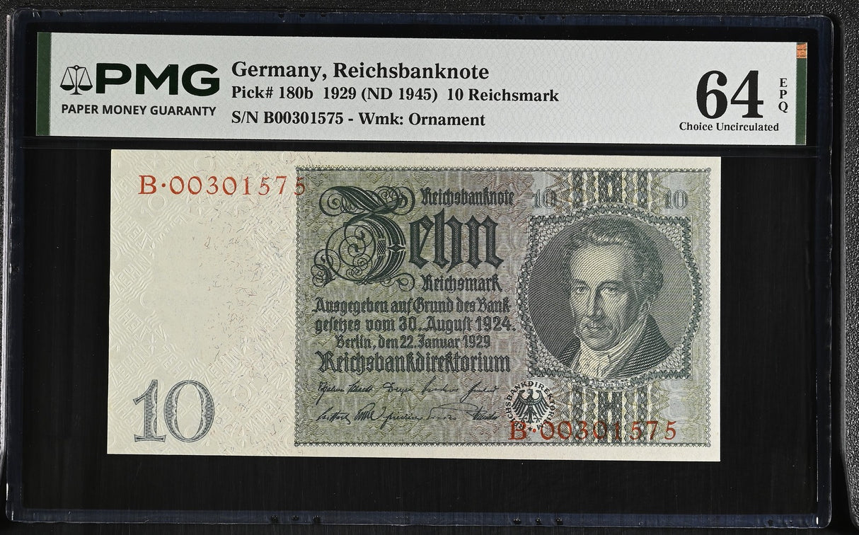 Germany 10 Reichsmark 1929 ND 1945 P 180 b Choice UNC PMG 64 EPQ