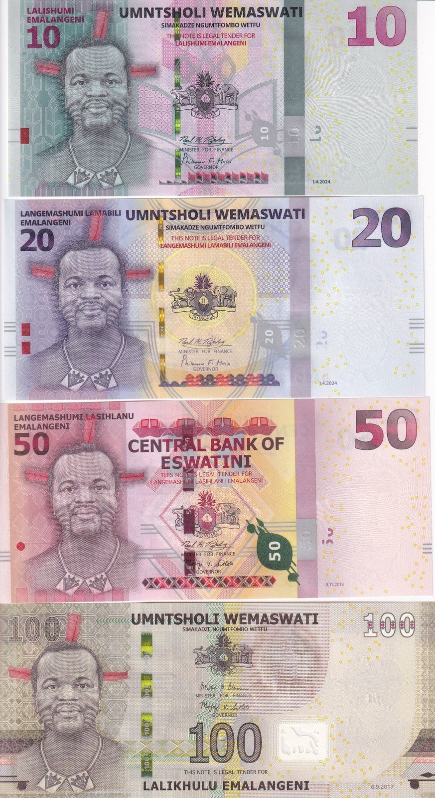 Eswatini Set 4 UNC 10 20 50 100 Emalangeni Swaziland 2017 -2024 P 42 A44 B44 C44