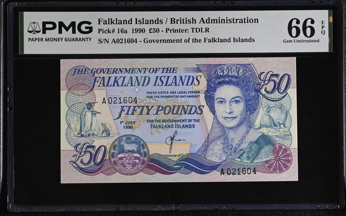 Falkland Islands 50 Pounds 1990 P 16 a Gem UNC PMG 66 EPQ , QEII , Graded note