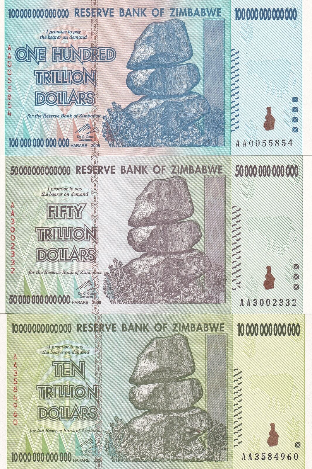 Zimbabwe SET 3 UNC 10 50 100 Trillion Dollars 2008 P 88 90 P 91