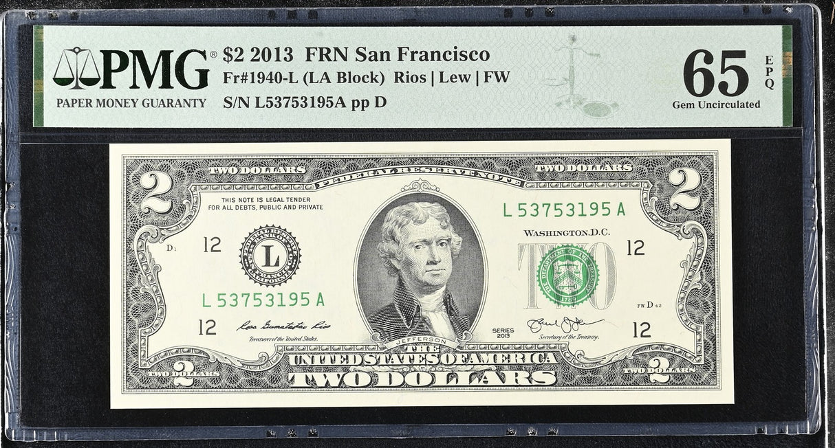United States 2 Dollars USA 2013 P 538 L San Francisco Gem UNC PMG 65 EPQ