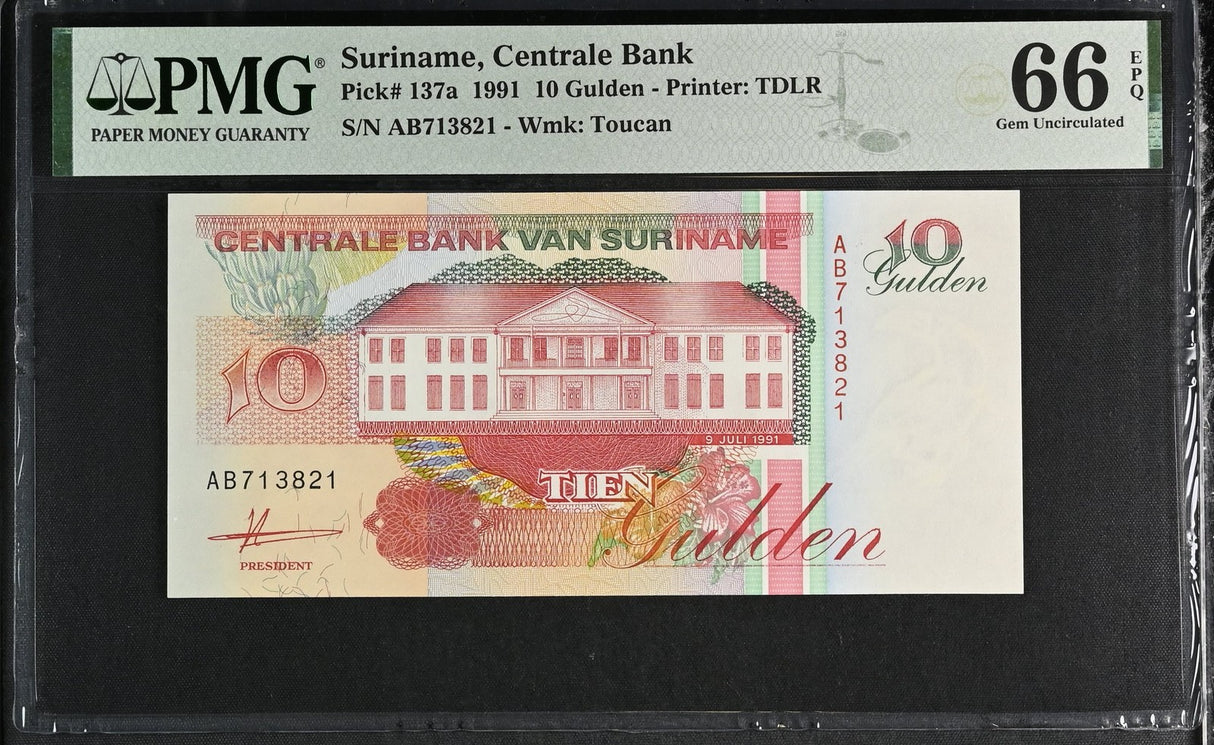 Suriname 10 Gulden 1991 P 137 a Gem UNC PMG 66 EPQ