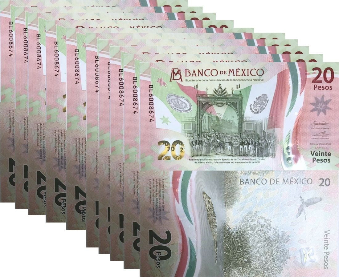 Mexico 20 Pesos Random Series, Date &amp; Signature P 132 UNC LOT 10 PCS