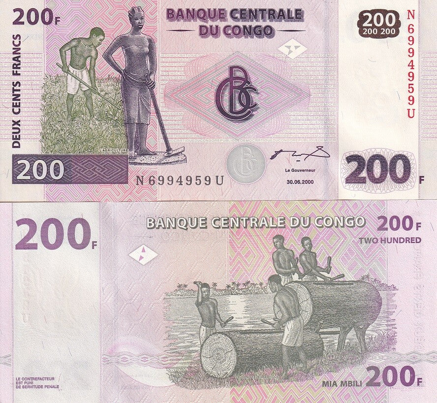 Congo Democratic Republic 200 Francs 2000 P 95 a UNC , Fieldwork Drummers