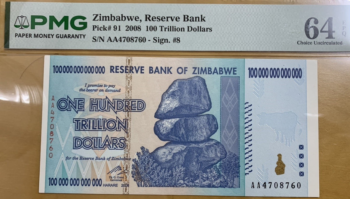 Zimbabwe 100 Trillion Dollars 2008 P 91 Choice UNC PMG 64 EPQ ,NV