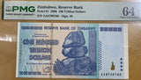Zimbabwe 100 Trillion Dollars 2008 P 91 Choice UNC PMG 64 EPQ ,NV