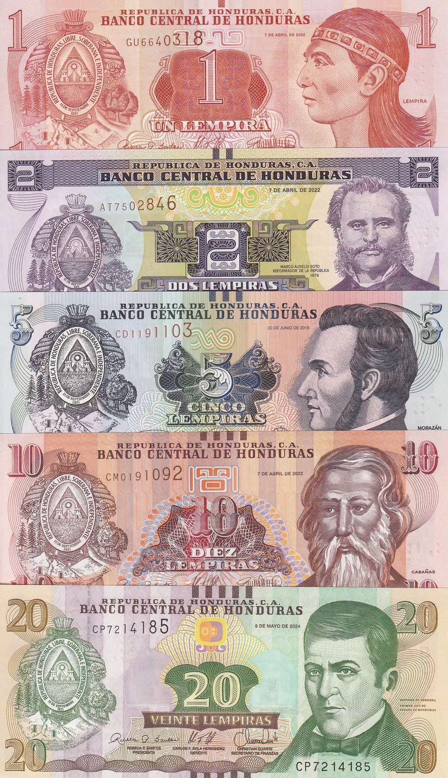 Honduras Set 5 UNC 1-20 Lempiras 2022-2024 P 96 97 98 99 - 100 New Dates