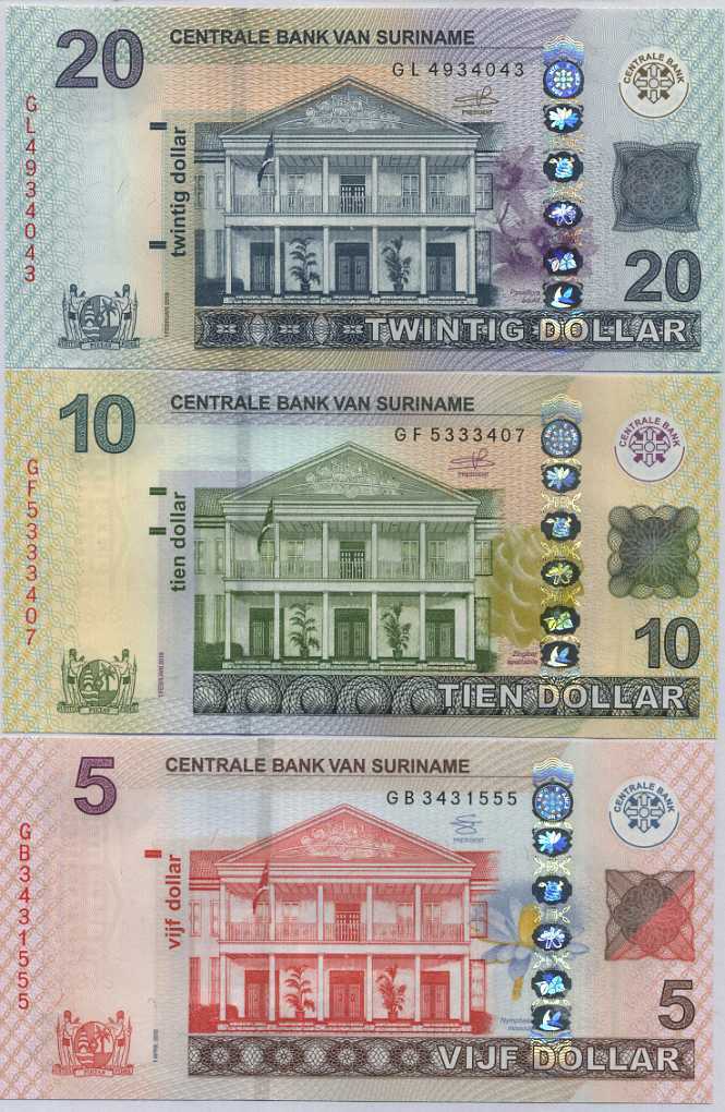 Suriname Set 3 Pcs 5 10 20 Dollars Random Date & Sign P 162 163 164 UNC