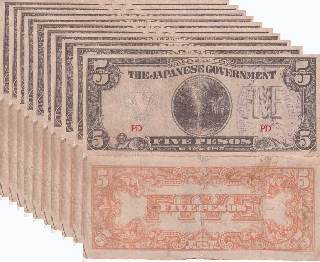 Philippines 5 PESOS 1942 WWII Japanese Occupation P 107 HEAVY USED LOT 10 PCS