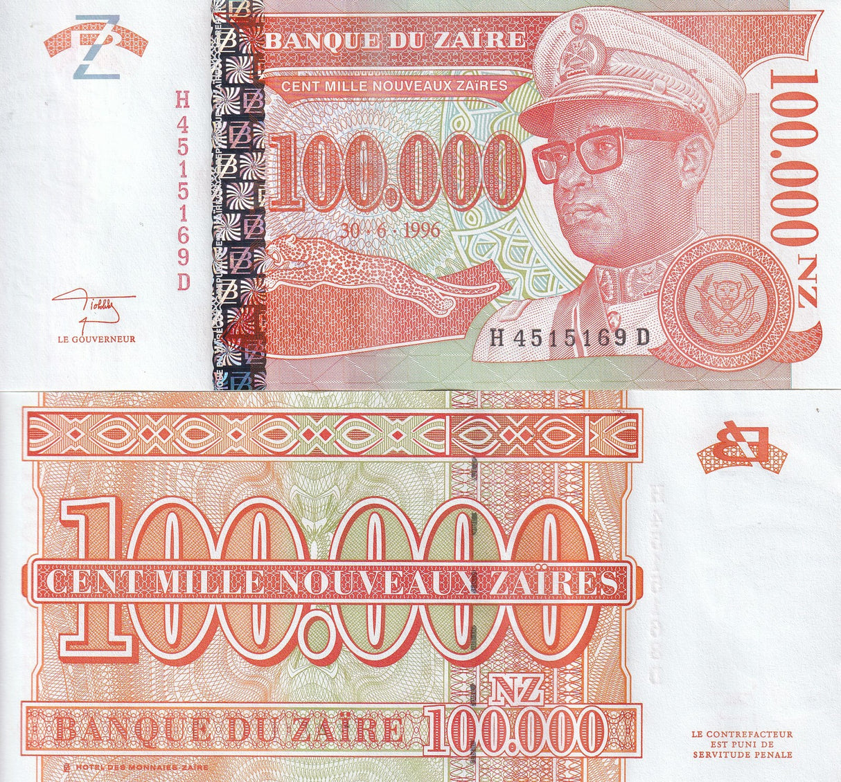 Zaire 100000 Nouveaux Zaires 1996 HDMZ P 77 UNC