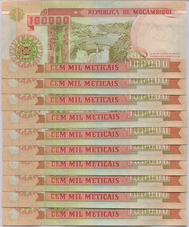 Mozambique 100000 Meticais 1993 P 139 UNC LOT 10 PCS Cabora Bassa dam
