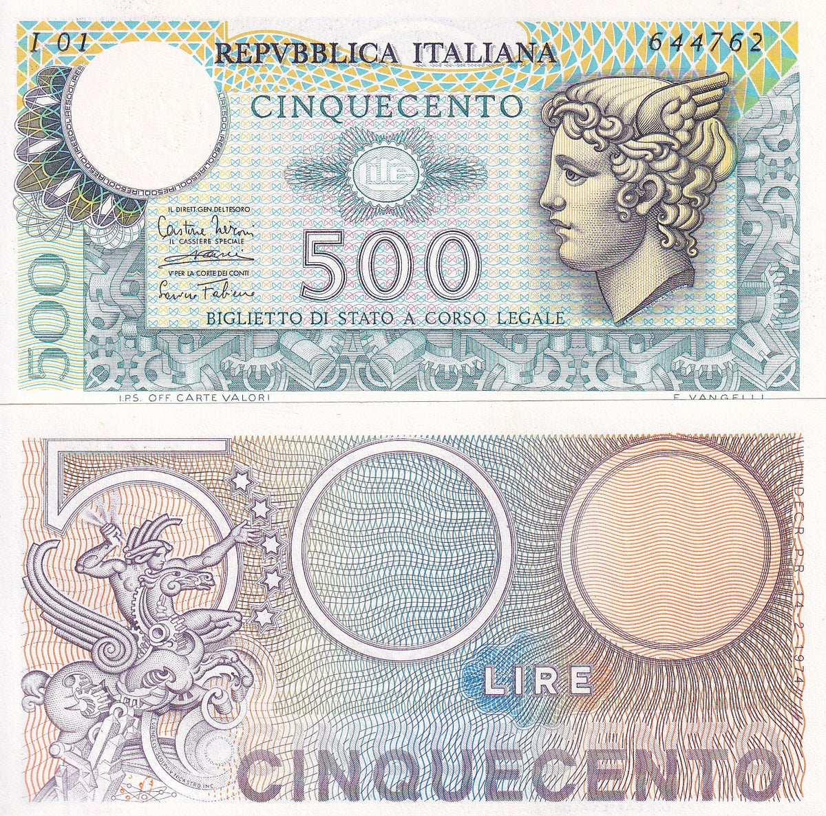 Italy 500 Lire 1974 / 1974 P 94 a UNC ,Mercury Mechanical Pegasus, Goddess