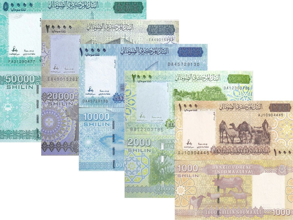 Somalia Set 5 UNC 1000 2000 10000 20000 50000 Shillin 2010 2023 P 38 39 41-43 NR