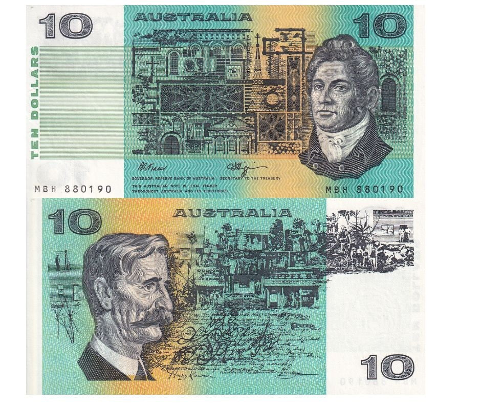 Australia 10 Dollars 1974-1991 P 45 f UNC ,Francis Greenway, Henry Lawson