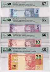Brazil Set 7; 2 5 10 20-200 Reais 2010 P 252-P 258 Superb Gem UNC PMG 65-67 EPQ