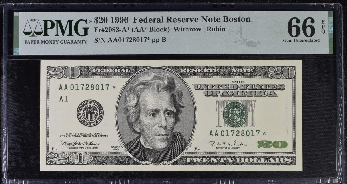 United States 20 Dollars USA 1996 P 501* Replacement A Boston Gem UNC PMG 66 EPQ