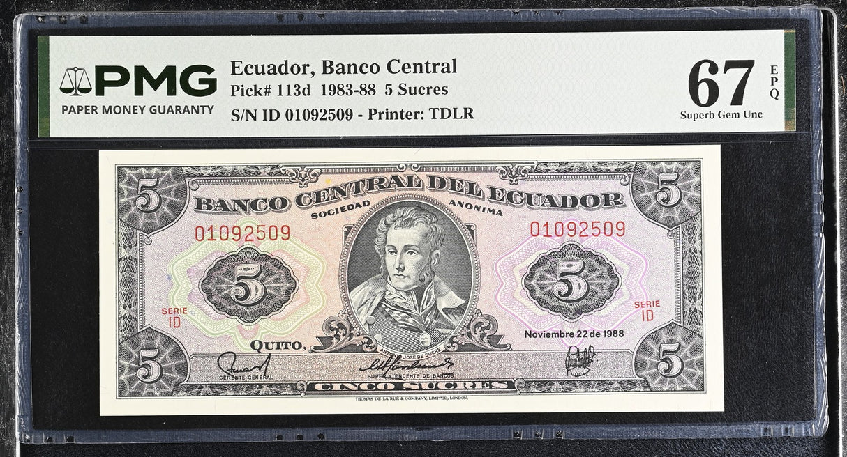 Ecuador 5 Sucres 1988 P 113 d Superb Gem UNC PMG 67 EPQ