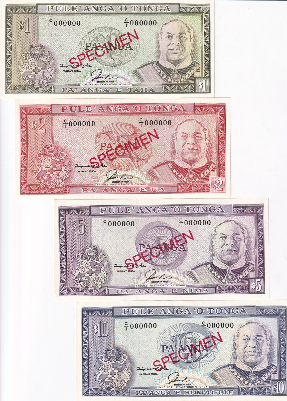 Tonga Set 4 UNC 1 2 5 10 Pa'anga ND 1992 P 25 26 27 28 SPECIMEN UNC
