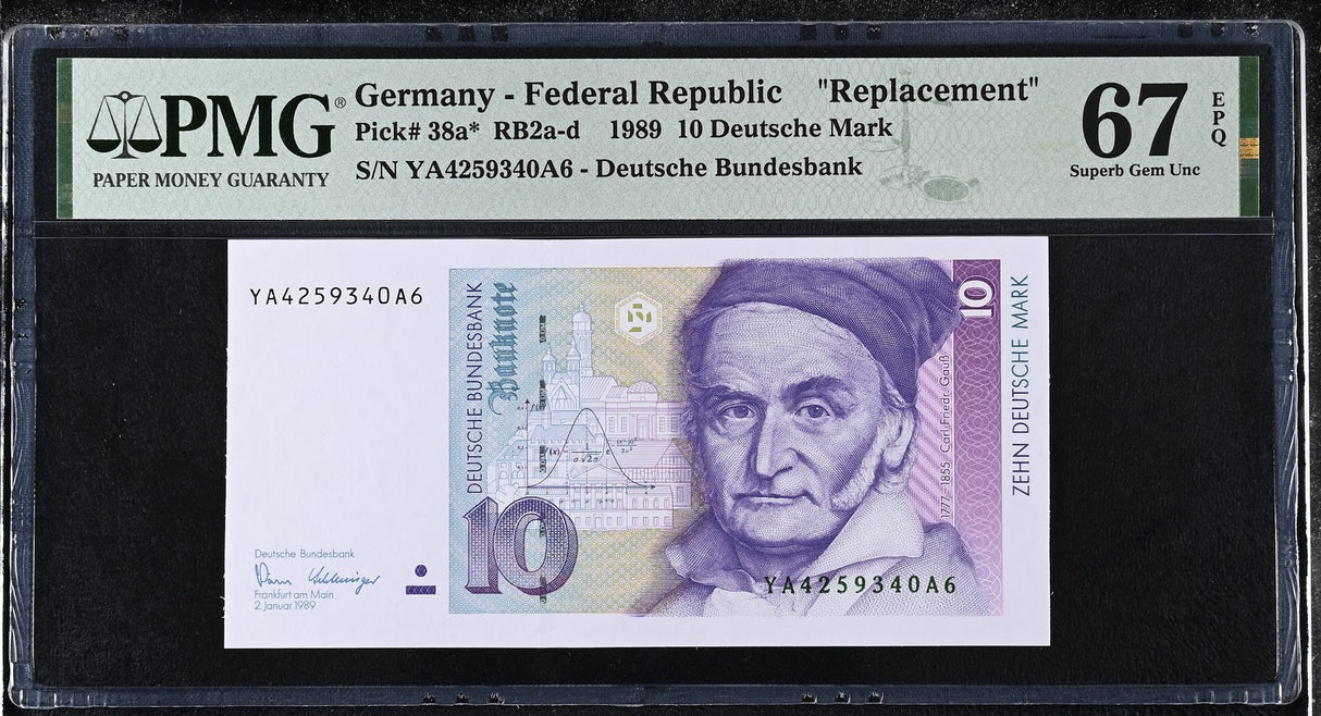 Germany 10 Deutsche Mark 1989 P 38 a* Replacement Superb Gem UNC PMG 67 EPQ