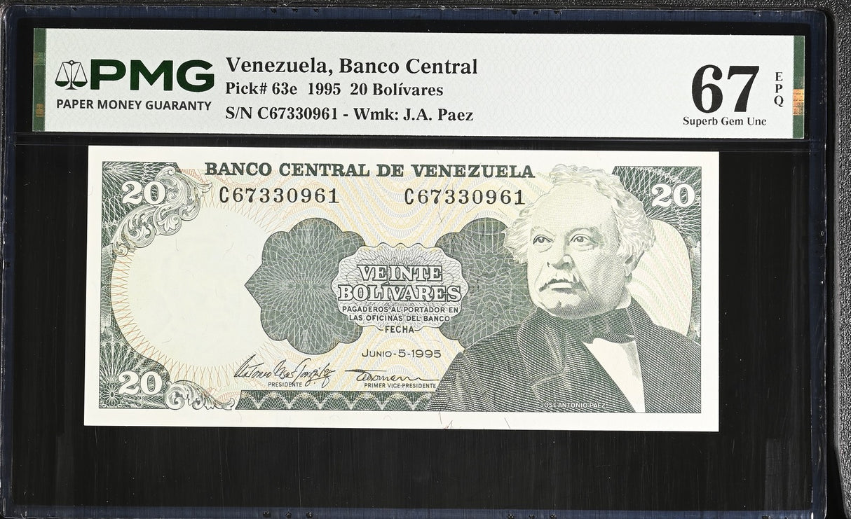 Venezuela 20 Bolivares 1995 P 63 e Superb Gem UNC PMG 67 EPQ