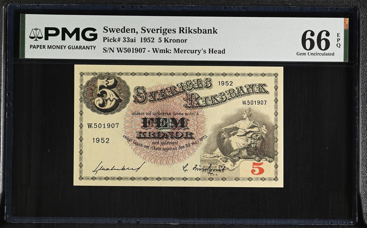 Sweden 5 Kronor 1952 P 33 ai Gem UNC PMG 66 EPQ