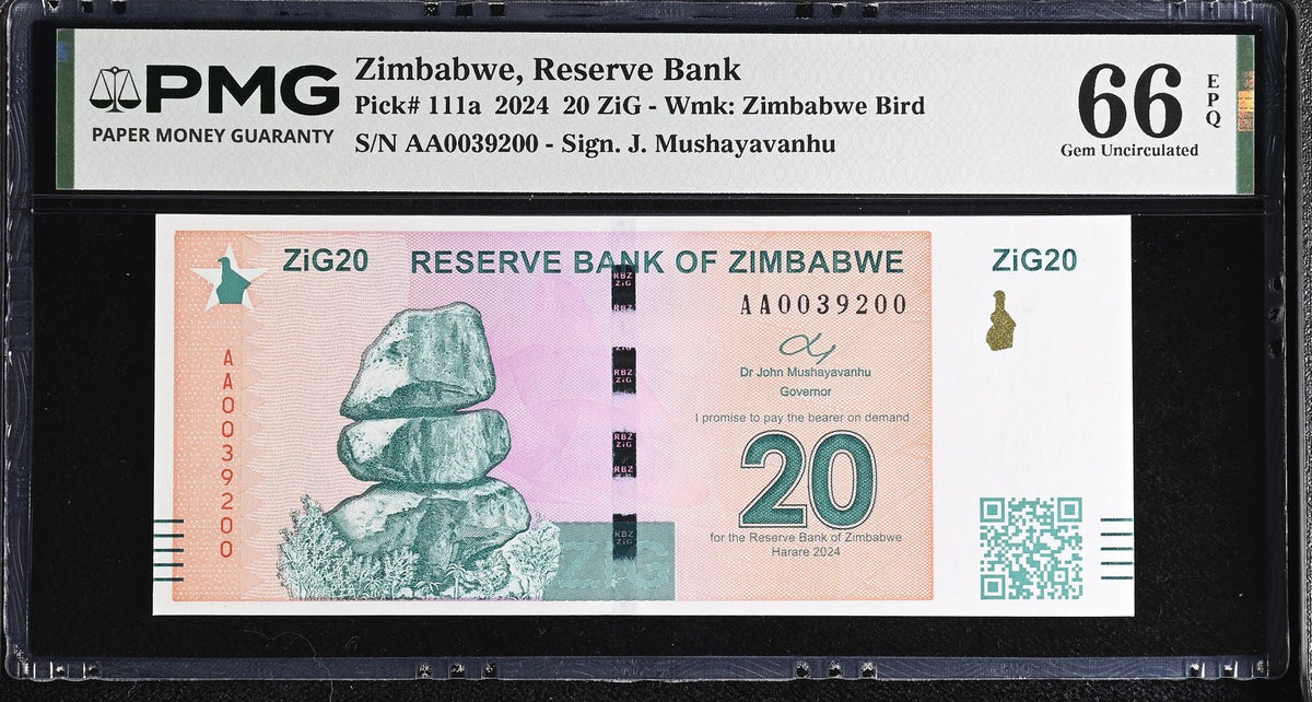 Zimbabwe 20 ZiG 2024 P 111 a Gem UNC PMG 66 EPQ ,With QR Code, gold bars