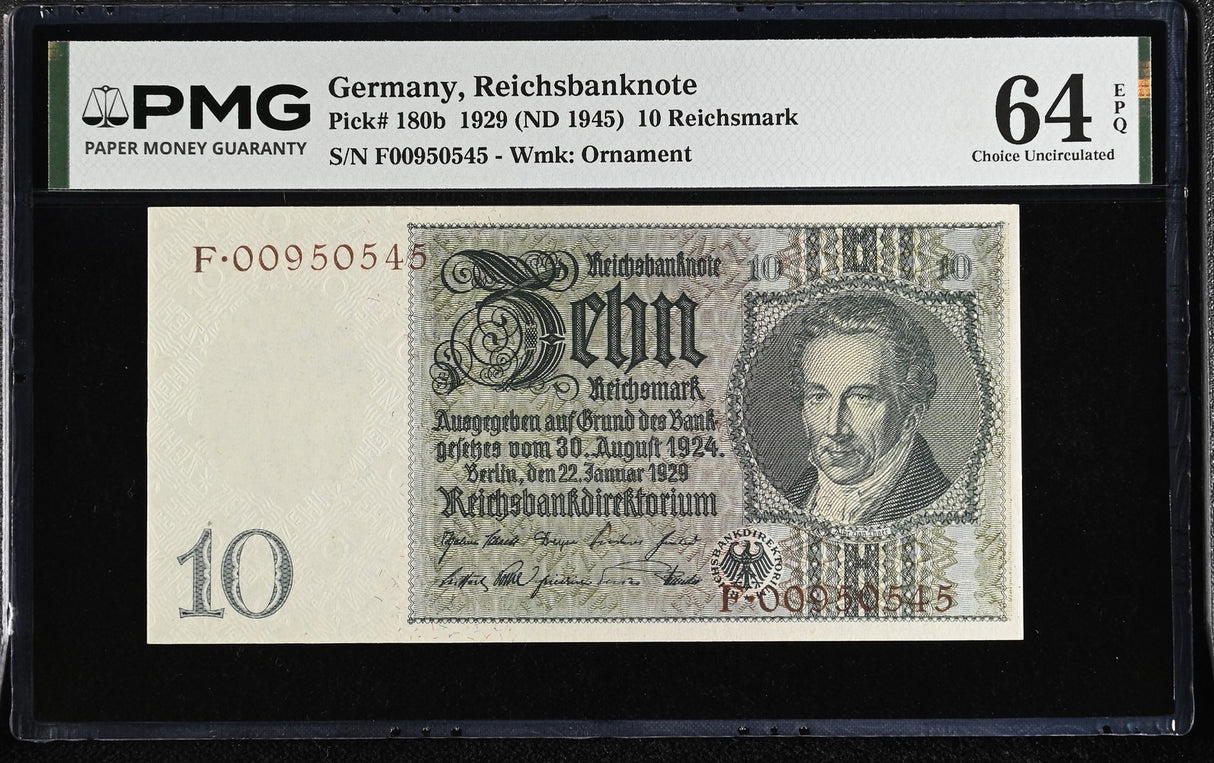 Germany 10 Reichsmark 1929 ND 1945 P 180 b Choice UNC PMG 64 EPQ NR