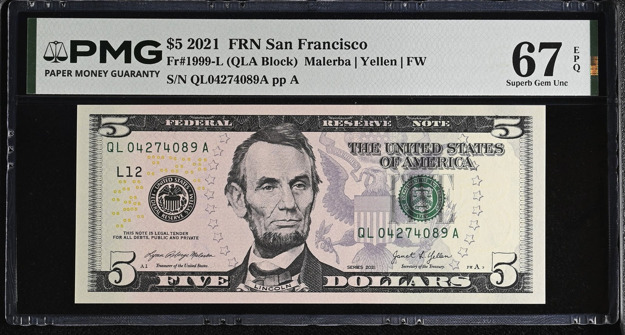 United States 5 Dollars Usa 2021 P 551 L San FRN Superb Gem UNC PMG 67 EPQ