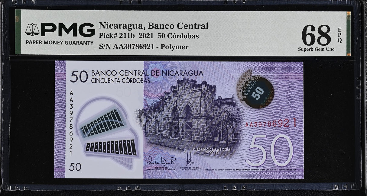 Nicaragua 50 Cordobas 2021 P 211 b Polymer Superb Gem UNC PMG 68 EPQ TOP POP