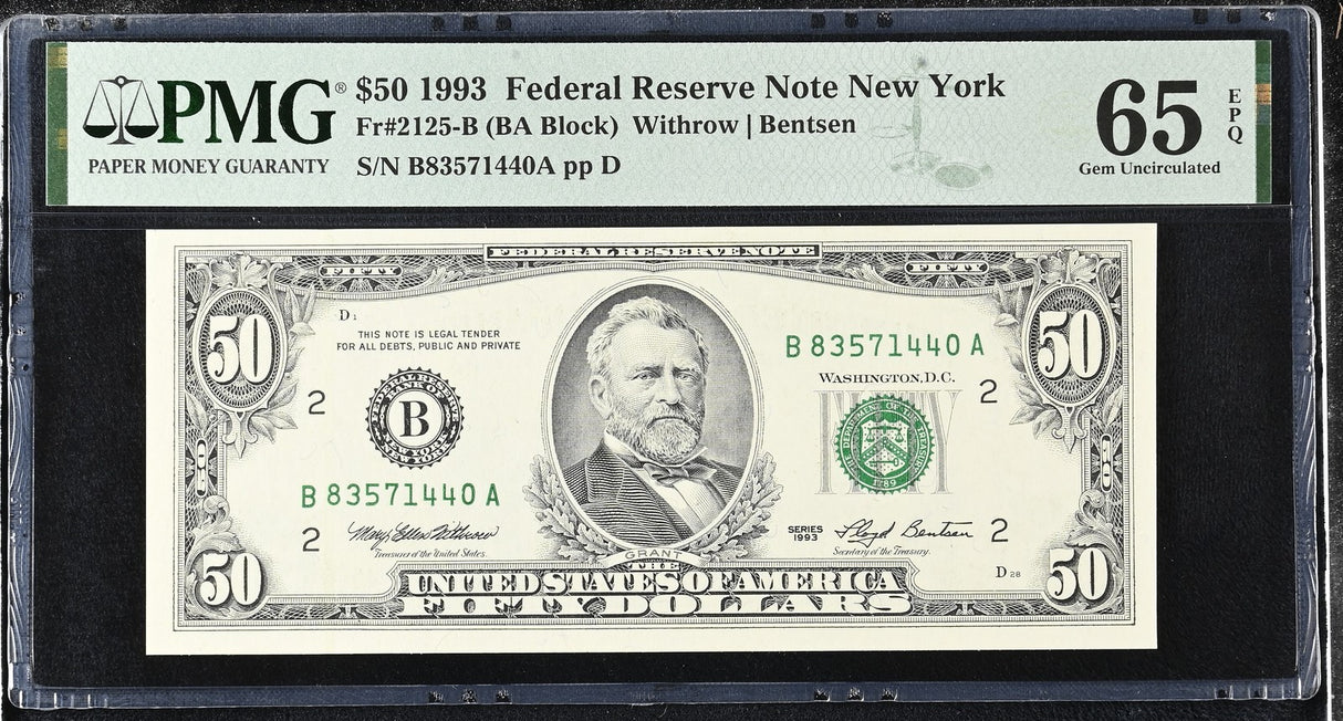 United States 50 Dollars Usa 1993 P 494 B New York Gem UNC PMG 65 EPQ