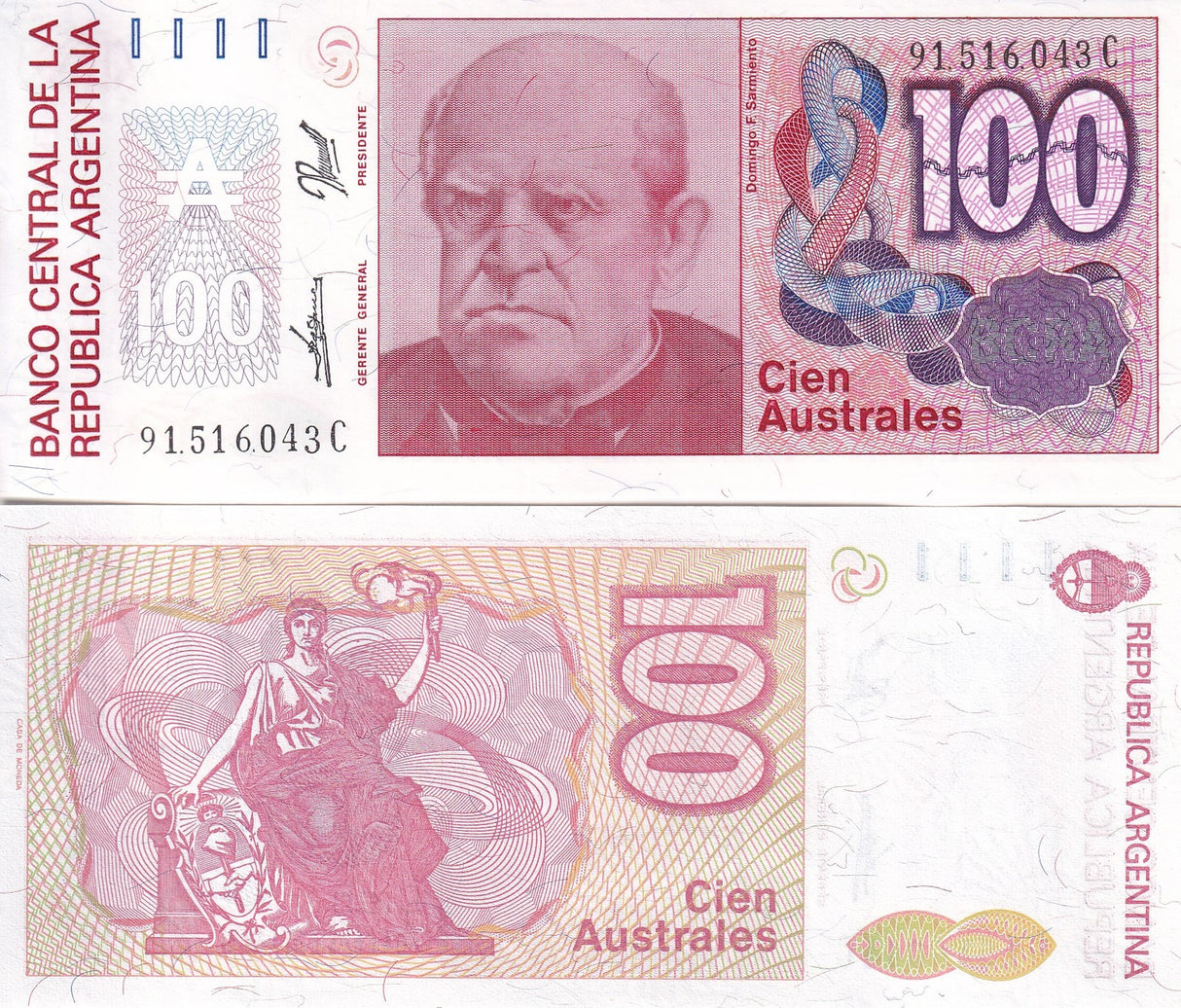 Argentina 100 Australes 1985 P 327 c UNC ,Progreso ,Domingo Sarmiento